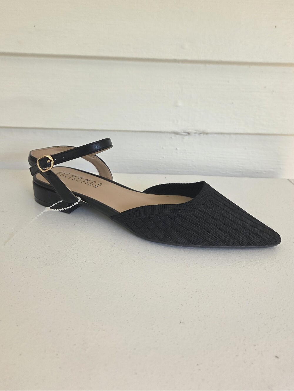 Journee Collection Ansley Pointed Black Ankle-Strap Flat Size 6.5